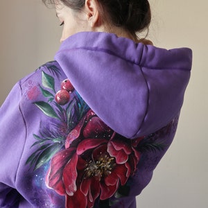 Hand Painted Custom Floral Hoodie, Personalized Women's Purple Hoodie With Flowers, unique handmade gift made in Ukraine image 4