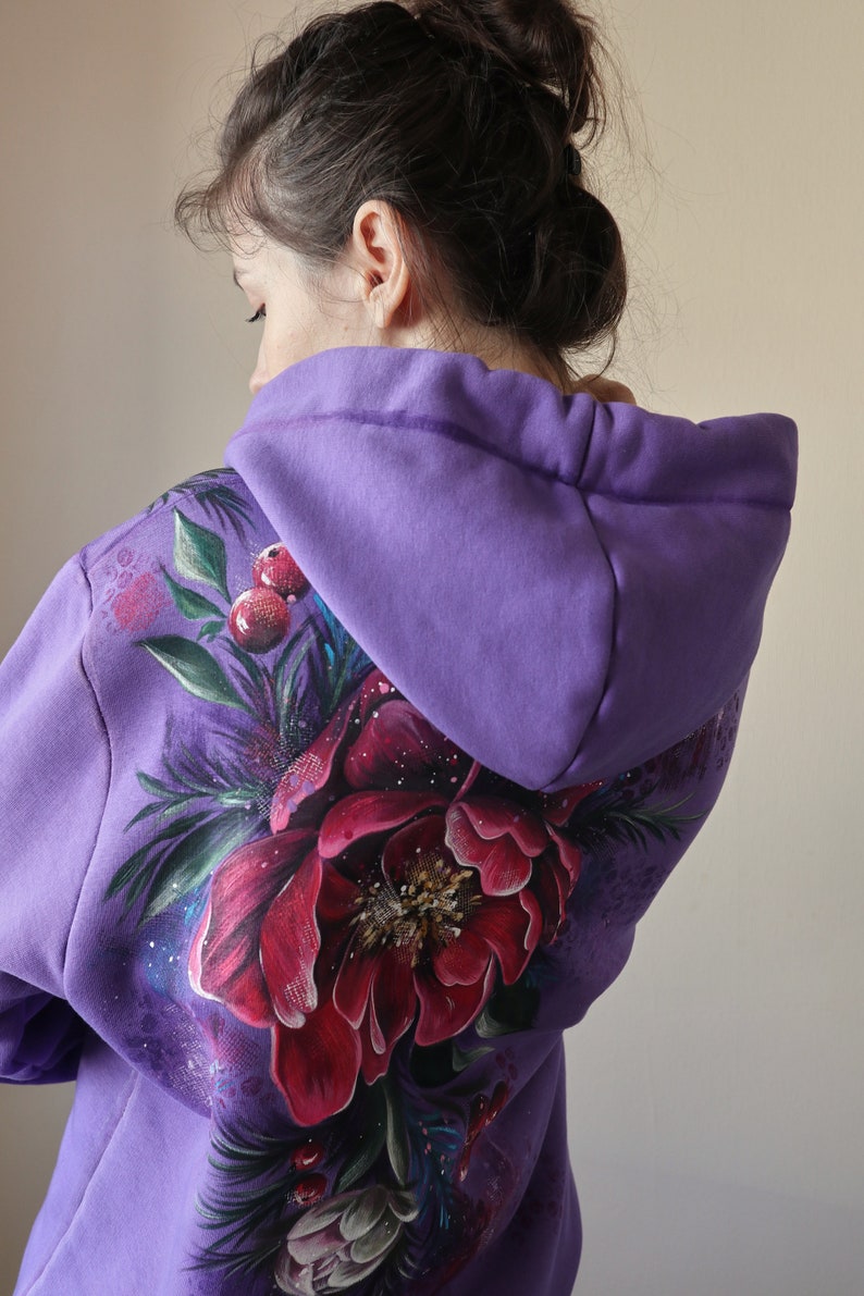 Hand Painted Custom Floral Hoodie, Personalized Women's Purple Hoodie With Flowers, unique handmade gift made in Ukraine image 4