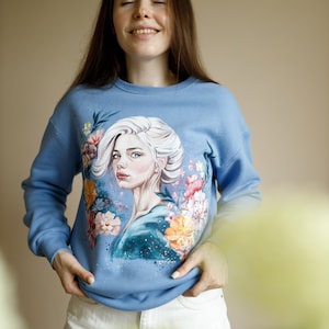 Hand painted custom woman's hoodie, unique design hand-painted sweatshirt, flower image on a sweatshirt, painting girl in flowers on clothes image 9