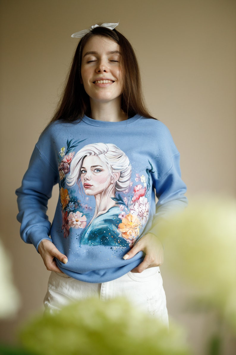 Hand painted custom woman's hoodie, unique design hand-painted sweatshirt, flower image on a sweatshirt, painting girl in flowers on clothes image 9