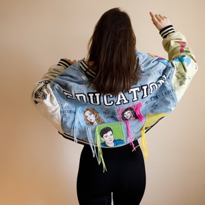 Hand painted custom denim jacket, personalized gift for a girl, drawing on a denim jacket image 1