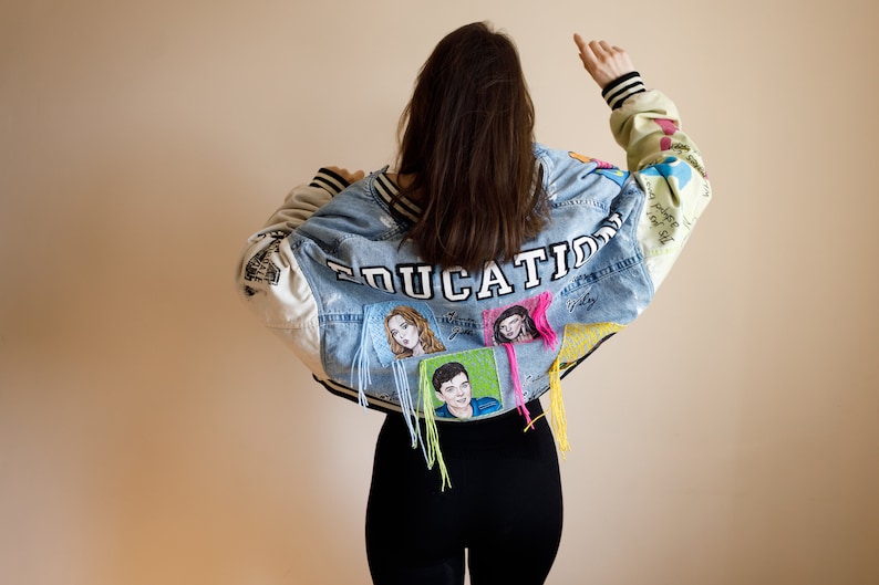 Hand painted custom denim jacket, personalized gift for a girl, drawing on a denim jacket image 1