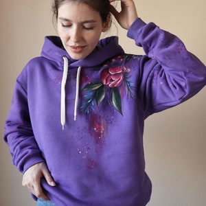 Hand Painted Custom Floral Hoodie, Personalized Women's Purple Hoodie With Flowers, unique handmade gift made in Ukraine image 2