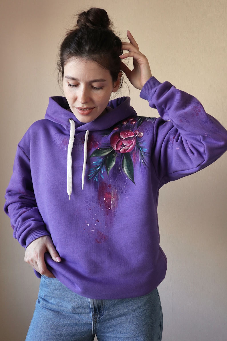 Hand Painted Custom Floral Hoodie, Personalized Women's Purple Hoodie With Flowers, unique handmade gift made in Ukraine image 2