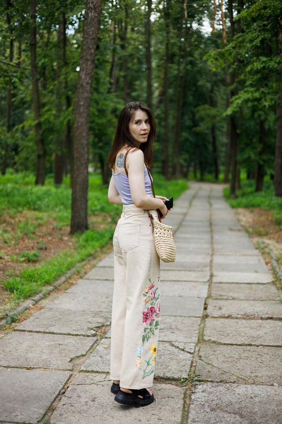 Custom Denim Jeans, Hand Painted Denim Pants, Beige Floral Wide 