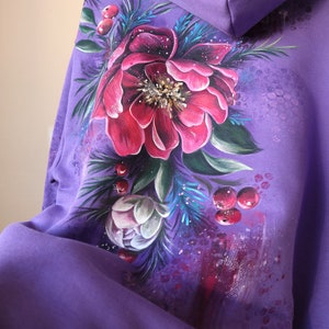 Hand Painted Custom Floral Hoodie, Personalized Women's Purple Hoodie With Flowers, unique handmade gift made in Ukraine image 3