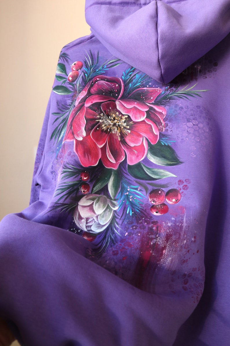 Hand Painted Custom Floral Hoodie, Personalized Women's Purple Hoodie With Flowers, unique handmade gift made in Ukraine image 3