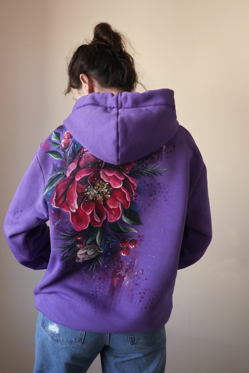 Hand Painted Custom Floral Hoodie, Personalized Women's Purple Hoodie With Flowers, unique handmade gift made in Ukraine image 1