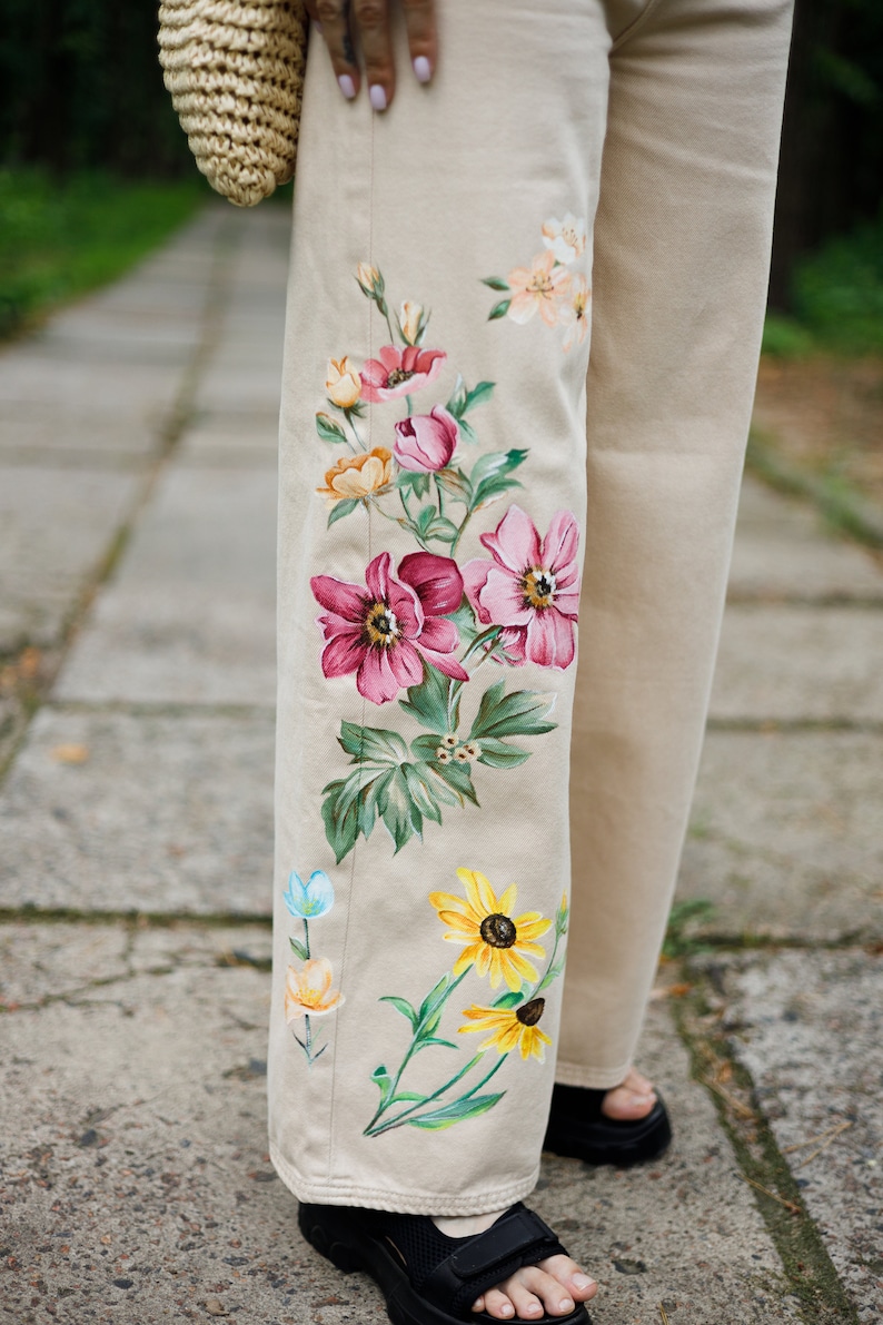 Custom Denim Jeans, Hand Painted Denim Pants, Beige Floral Wide Leg Jeans image 6