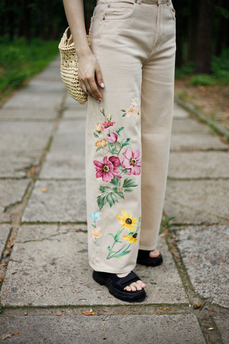 Custom Denim Jeans, Hand Painted Denim Pants, Beige Floral Wide Leg Jeans image 2