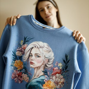 Hand painted custom woman's hoodie, unique design hand-painted sweatshirt, flower image on a sweatshirt, painting girl in flowers on clothes image 6
