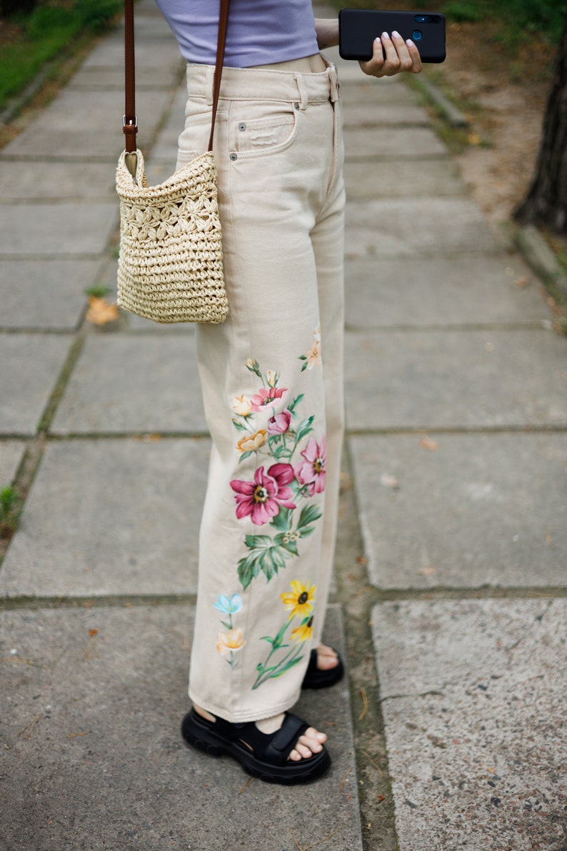 Custom Denim Jeans, Hand Painted Denim Pants, Beige Floral Wide Leg Jeans image 5