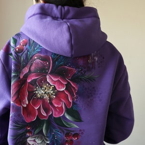 Hand Painted Custom Floral Hoodie, Personalized Women's Purple Hoodie With Flowers, unique handmade gift made in Ukraine image 10