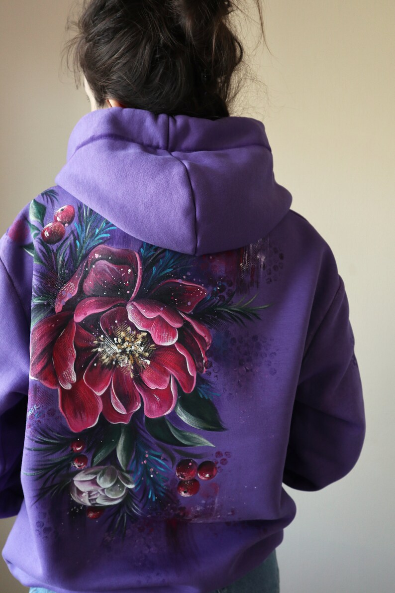 Hand Painted Custom Floral Hoodie, Personalized Women's Purple Hoodie With Flowers, unique handmade gift made in Ukraine image 10