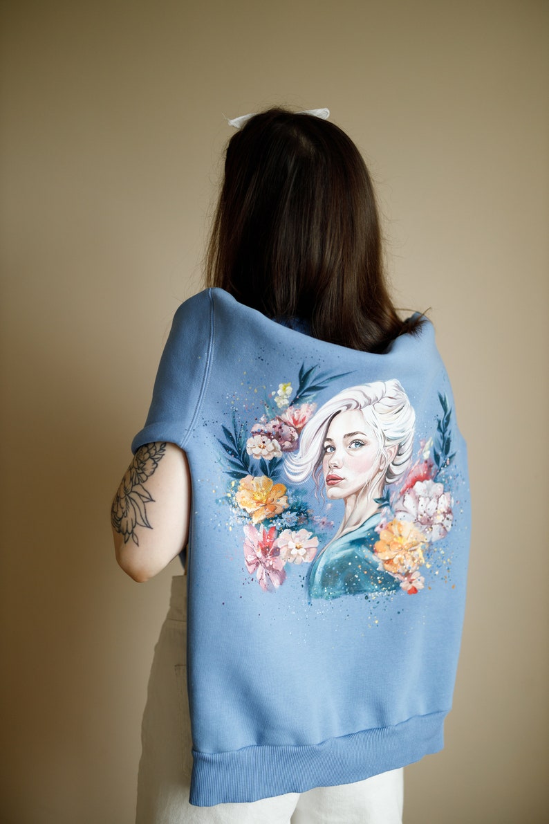 Hand painted custom woman's hoodie, unique design hand-painted sweatshirt, flower image on a sweatshirt, painting girl in flowers on clothes image 7