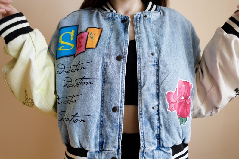 Hand painted custom denim jacket, personalized gift for a girl, drawing on a denim jacket image 6