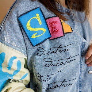 Hand painted custom denim jacket, personalized gift for a girl, drawing on a denim jacket image 10