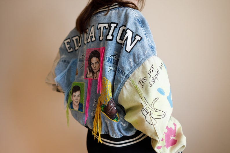 Hand painted custom denim jacket, personalized gift for a girl, drawing on a denim jacket image 3