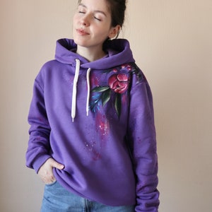 Hand Painted Custom Floral Hoodie, Personalized Women's Purple Hoodie With Flowers, unique handmade gift made in Ukraine image 6