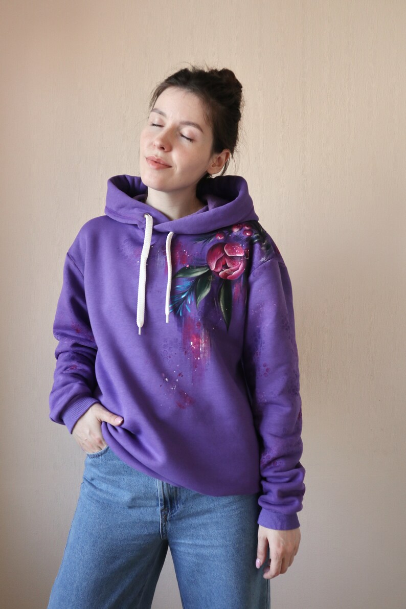 Hand Painted Custom Floral Hoodie, Personalized Women's Purple Hoodie With Flowers, unique handmade gift made in Ukraine image 6