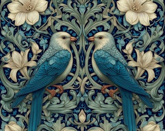 1654 - Blue Birds- 8x8 6x6 4.25x4.25 Satin or Gloss - William Morris Inspired,Vintage Floral Botanical Accent, Arts Crafts, Backsplash Decor