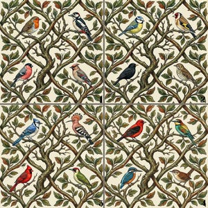 May include: A decorative tile pattern featuring various colorful birds perched on branches with green leaves. The birds include a blue jay, cardinal, and woodpecker, set against a cream-colored background. The branches form a repeating trellis design.