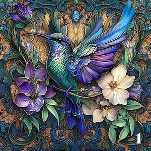 May include: A vibrant illustration of a hummingbird perched on a branch, surrounded by purple and white flowers. The bird features iridescent green, blue, and purple feathers. The background has an ornate, patterned design with a number 1 in the bottom right corner.
