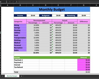 Monthly Budget Spreadsheet | Excel Download |