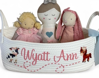 Unique BABY SHOWER GIFT with a Cute Farm Animal Theme gift for new baby basket Personalized keepsake Boho Cow Horse Toy Basket for Newborn