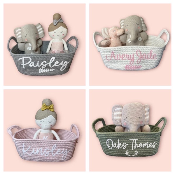 Custom Basket, Personalized Braided Basket, Baby Shower Gift, Diaper Holder, Pet Toy holder, little boy gift, white, blue antlers