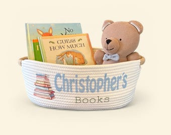 PANIER À LIVRES avec nom pour baby shower, panier cadeau pour bébé, cadeau bébé fille, cadeau bébé garçon, cadeau unique, panier souvenir, porte-livre personnalisé
