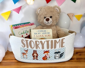 Best Baby Gift EVER Woodland Storytime Book Basket with cute woodland animals, Baby Boy, Baby Girl Gift Basket for Baby Shower Book Holder