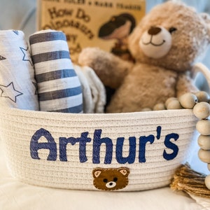 Custom Basket, Personalized Braided Basket, Baby Shower Gift, Diaper Holder, Pet Toy holder, little boy gift, white, blue antlers