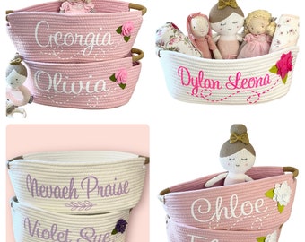 Personalized or Plain Baskets, Baby Gift Baskets with Names and Flowers, Ivory, Pink, Baby Girl Gifts, Toddler Book Basket, Pet Toy Basket