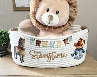 Cowboy Thema Babyparty Geschenkkorb Niedlicher personalisierter Babykorb Pferd Cowboyhut Blau Tan Storytime Bücherkorb für Neugeborene Baby Jungen Geschenk