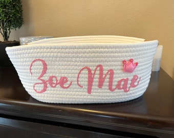 Samples or Returns or Bloopers - Name Zoe Mae only - with a crown - baby girl basket - ivory and pink - "Zoe Mae"