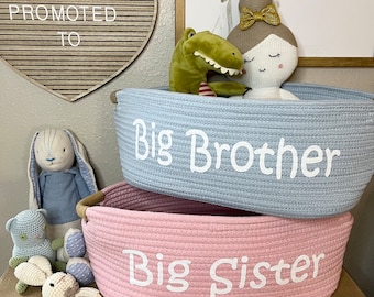 Big Brother Basket Big Sister Basket for Gender Reveal Pregnancy Announcement Large fun basket Blue Pink Baskets for Baby Gift Shower Twins