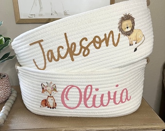 Personalized Basket for Baby Shower Woodland Animal on Basket Decor Woodland Nursery Gift with Name on Basket for Unique Baby Gift Fox