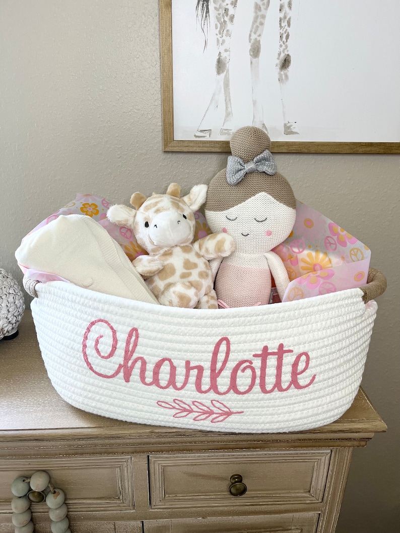 Baby Girl Gift Basket Ivory Cream Baby Shower Personalized Gift Basket Nursery Gift Newborn Gift Baby Girl Gift Best Baby Shower image 1