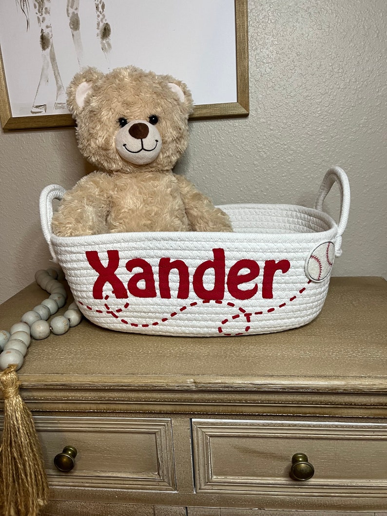 Custom Basket, Personalized white Basket, Baby Shower Gift, Diaper Holder, Pet Storage, Childrens Storage Box, baseball glove boy gift image 2