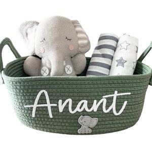 Custom Basket, Personalized Basket, Baby Shower Gift, Diaper Holder, Pet Toy holder, little boy gift, sage green, antlers, barn, baby gift