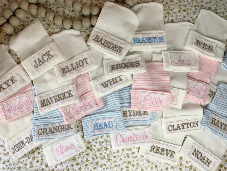 white baby shower gift with name pink boho baby girl cute Newborn Hospital Hat Caps Infant Hats Girls PERSONALIZED hat hat tan