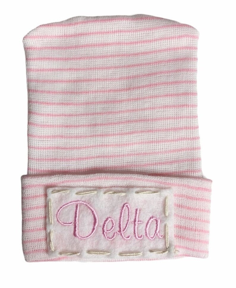 white baby shower gift with name pink boho baby girl cute Newborn Hospital Hat Caps Infant Hats Girls PERSONALIZED hat hat tan