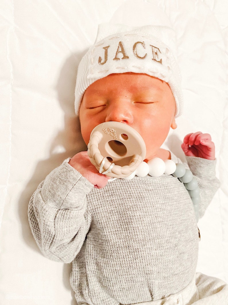 white baby shower gift with name pink boho baby girl cute Newborn Hospital Hat Caps Infant Hats Girls PERSONALIZED hat hat tan