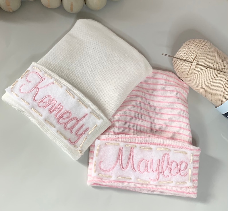 white baby shower gift with name pink boho baby girl cute Newborn Hospital Hat Caps Infant Hats Girls PERSONALIZED hat hat tan