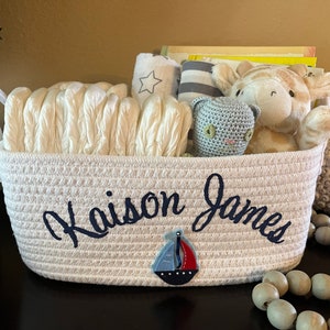 Custom Basket, Personalized white Basket, Baby Shower Gift, Diaper Holder, Pet Storage, Childrens Storage Box, baseball glove boy gift image 8