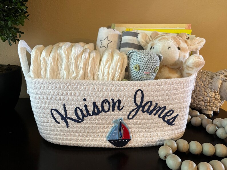 Custom Basket, Personalized white Basket, Baby Shower Gift, Diaper Holder, Pet Storage, Childrens Storage Box, baseball glove boy gift image 8