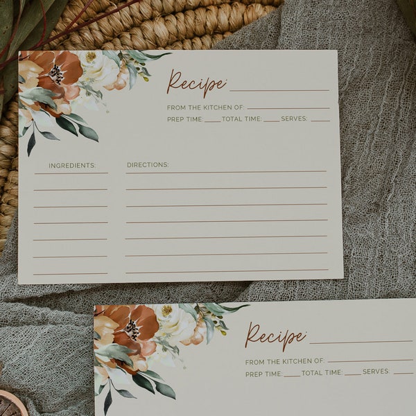 JUNIPER - Boho Fall Wedding Recipe Card, Wedding Favors, Instant Download, Editable, Printable Fall Wedding card, recipe cards, fall floral