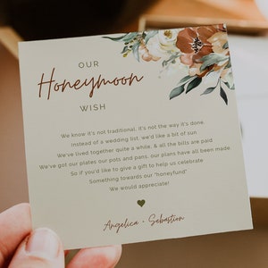 JUNIPER - Honeymoon Wish Card, Boho Fall Wedding, Honeymoon card, Template, Instant Download, Editable, rust and orange floral, honeymoon