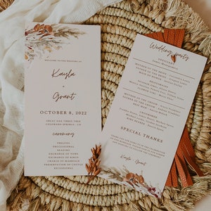 KAYDENCE - Rust Boho Wedding Program, Pampass Grass, dried leaves, burnt orange, Instant Download, Editable invitation set, Fall Wedding